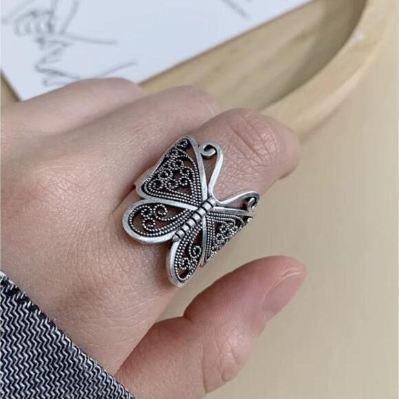 Butterfly Ring Retro Boho Silver Adjustable Band Size 6-10 Vintage Style - Picture 3 of 5